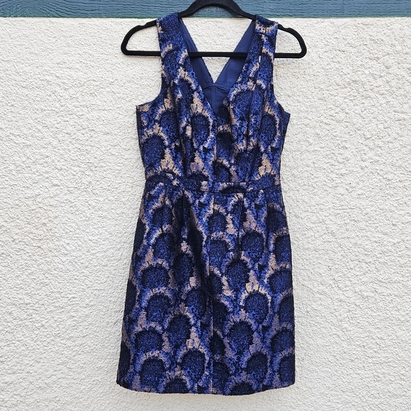 NWT J. Crew Factory Peacock Jacquard metallic dress blue black copper pockets 2 - Picture 1 of 7